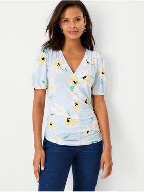Ann Taylor Light Blue Floral Wrap-Front Blouse